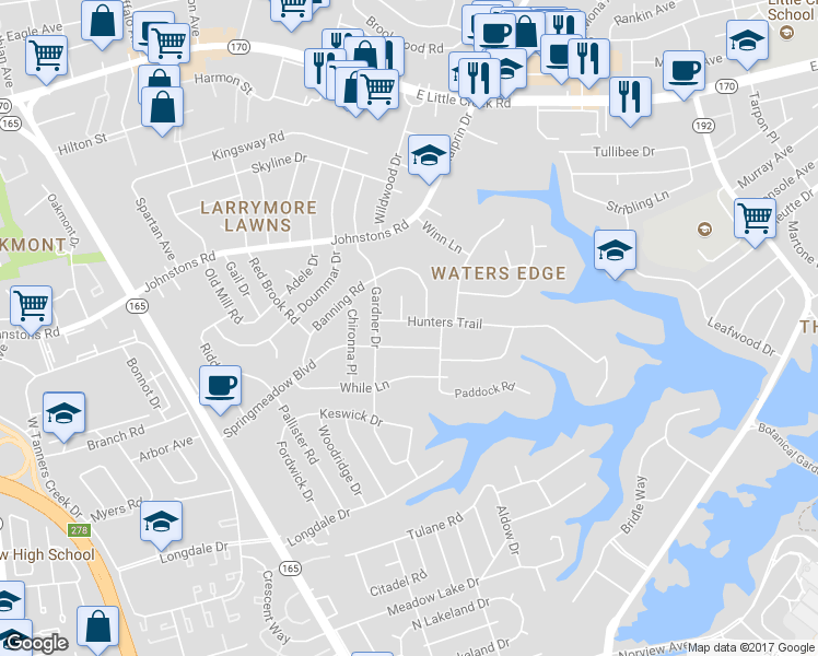 map of restaurants, bars, coffee shops, grocery stores, and more near 1819 Hunters Trail in Norfolk