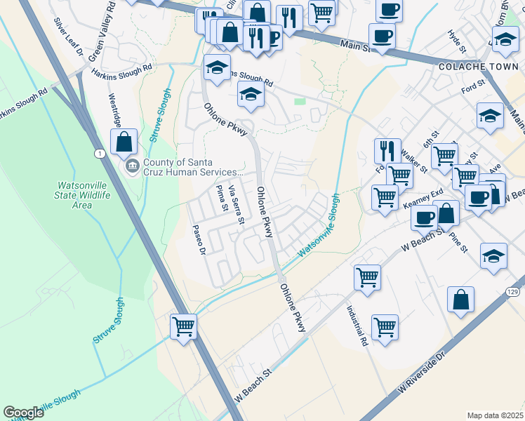 map of restaurants, bars, coffee shops, grocery stores, and more near 133 Skyline Vista Way in Watsonville