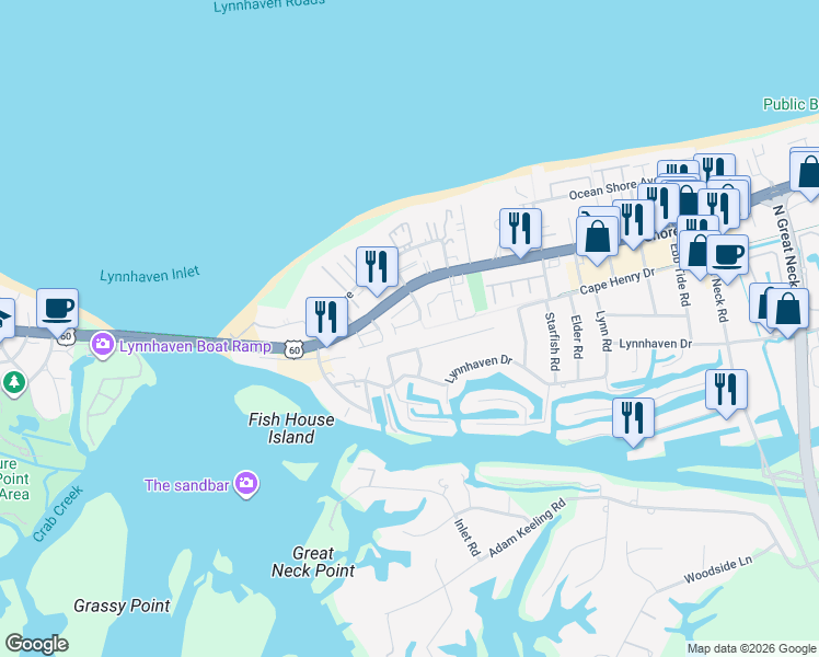 map of restaurants, bars, coffee shops, grocery stores, and more near 3144 Sand Pine Road in Virginia Beach