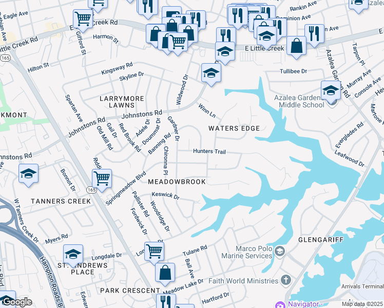 map of restaurants, bars, coffee shops, grocery stores, and more near 1819 Hunters Trail in Norfolk