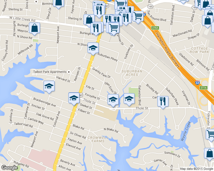 map of restaurants, bars, coffee shops, grocery stores, and more near 206 Fife Lane in Norfolk