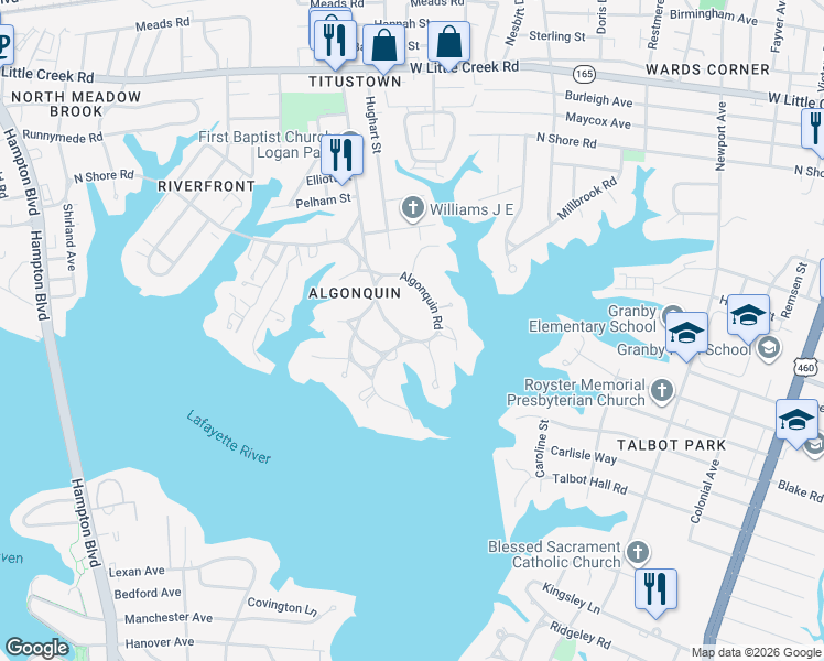 map of restaurants, bars, coffee shops, grocery stores, and more near 1052 Algonquin Road in Norfolk