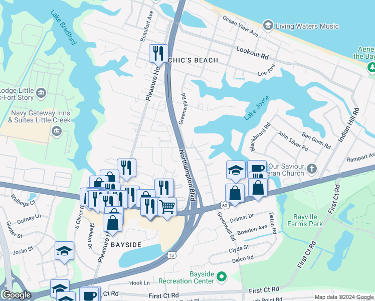 map of restaurants, bars, coffee shops, grocery stores, and more near 2309 Greenwell Road in Virginia Beach