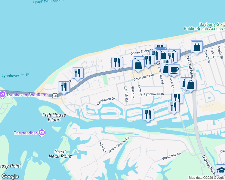 map of restaurants, bars, coffee shops, grocery stores, and more near 2209 Scallop Road in Virginia Beach