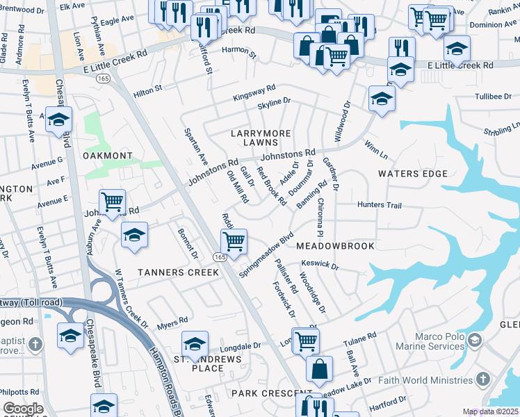 map of restaurants, bars, coffee shops, grocery stores, and more near 6904 Adele Drive in Norfolk