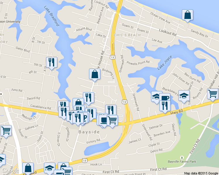 map of restaurants, bars, coffee shops, grocery stores, and more near 2226 East Berrie Circle in Virginia Beach