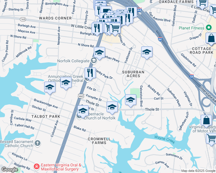 map of restaurants, bars, coffee shops, grocery stores, and more near 205 Glen Echo Drive in Norfolk