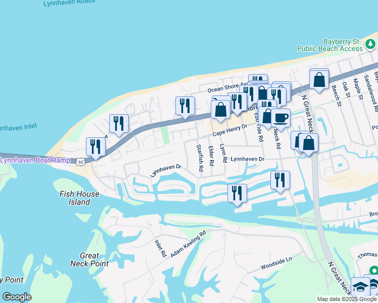 map of restaurants, bars, coffee shops, grocery stores, and more near 2216 Scallop Road in Virginia Beach