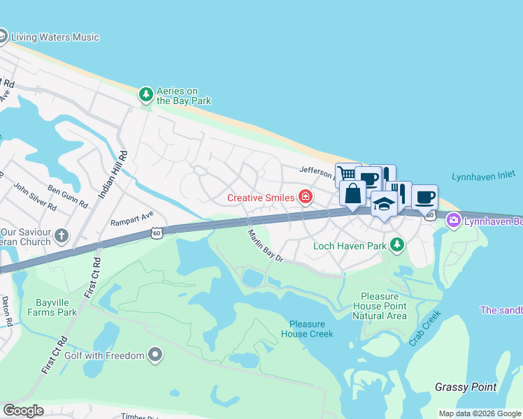 map of restaurants, bars, coffee shops, grocery stores, and more near 2213 Lateener Court in Virginia Beach