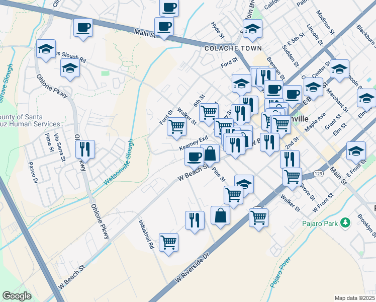 map of restaurants, bars, coffee shops, grocery stores, and more near 257 Kearney Street in Watsonville