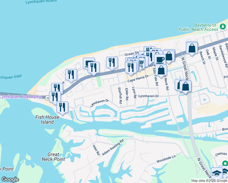 map of restaurants, bars, coffee shops, grocery stores, and more near 2216 Scallop Road in Virginia Beach