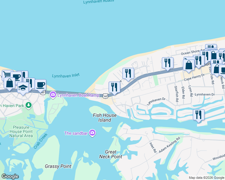 map of restaurants, bars, coffee shops, grocery stores, and more near 3273 Shore Drive in Virginia Beach