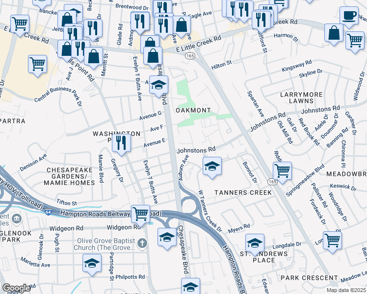 map of restaurants, bars, coffee shops, grocery stores, and more near in Norfolk