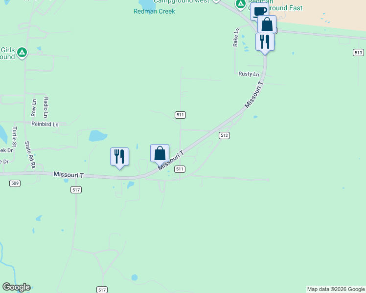 map of restaurants, bars, coffee shops, grocery stores, and more near 46 County Road 511 in Wappapello