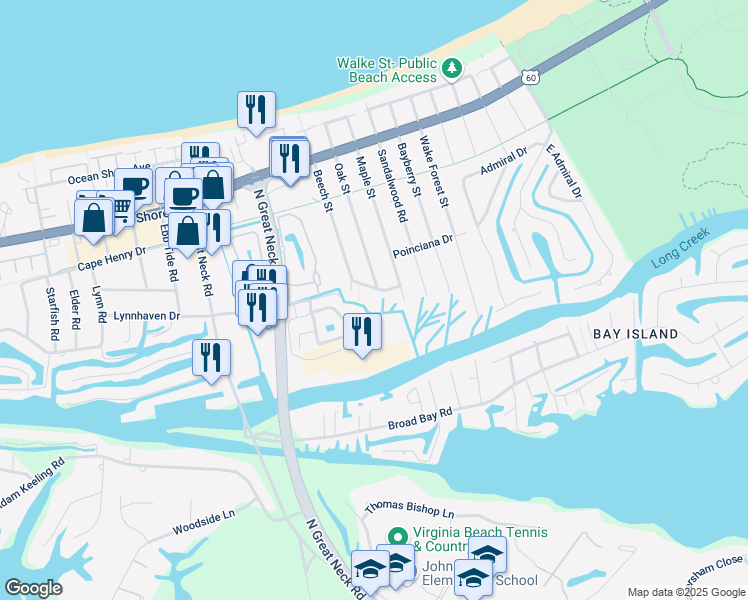 map of restaurants, bars, coffee shops, grocery stores, and more near 2717 Poinciana Drive in Virginia Beach