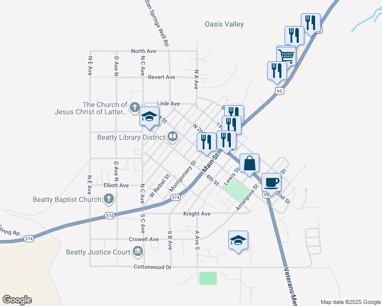 map of restaurants, bars, coffee shops, grocery stores, and more near 309 West Reibel Street in Beatty