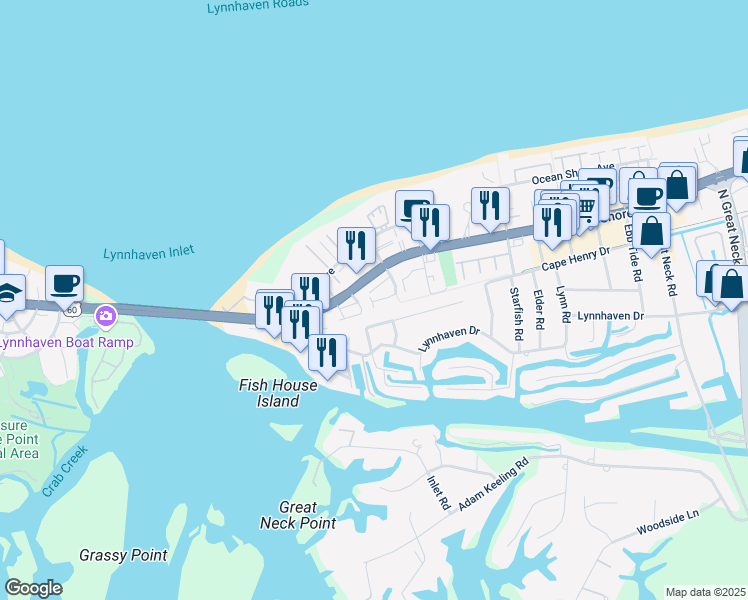 map of restaurants, bars, coffee shops, grocery stores, and more near 3200 Jade Court in Virginia Beach