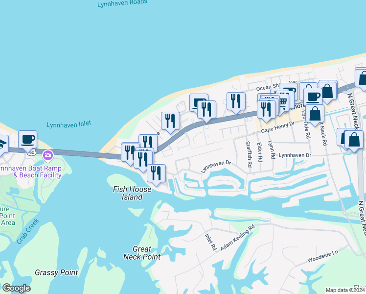 map of restaurants, bars, coffee shops, grocery stores, and more near 3144 Sand Pine Road in Virginia Beach