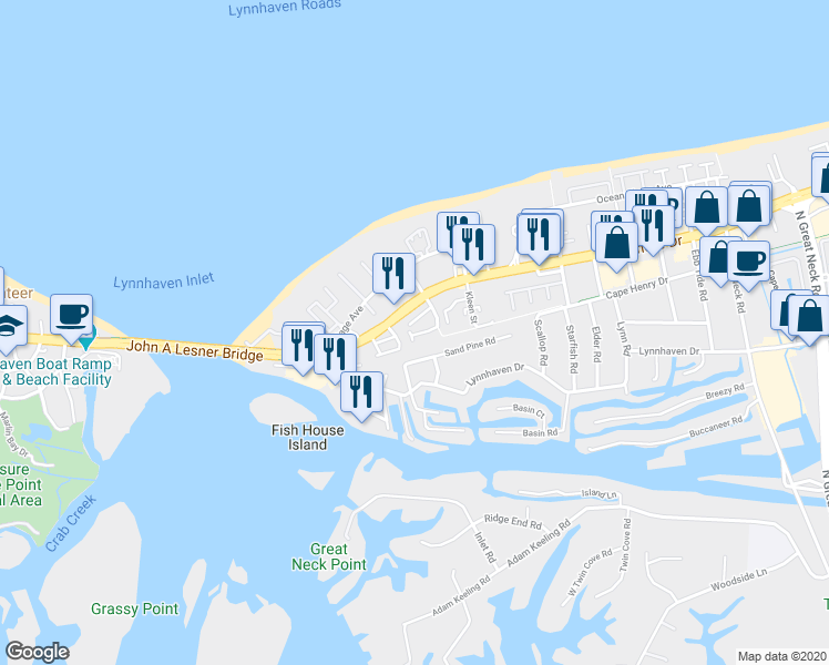 map of restaurants, bars, coffee shops, grocery stores, and more near 3144 Sand Pine Road in Virginia Beach