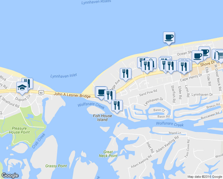 map of restaurants, bars, coffee shops, grocery stores, and more near 3273 Shore Drive in Virginia Beach