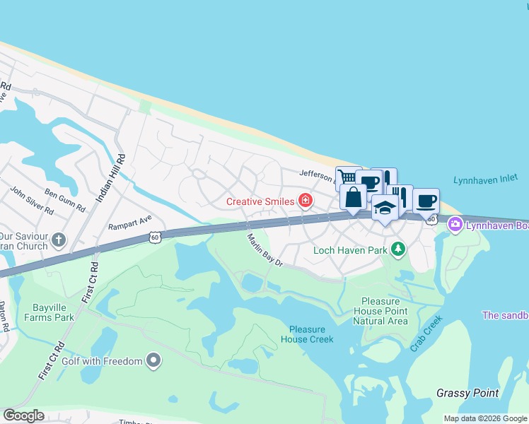 map of restaurants, bars, coffee shops, grocery stores, and more near 2213 Lateener Court in Virginia Beach
