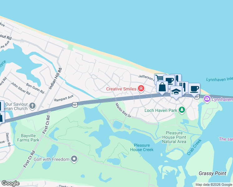 map of restaurants, bars, coffee shops, grocery stores, and more near 2213 Lateener Court in Virginia Beach