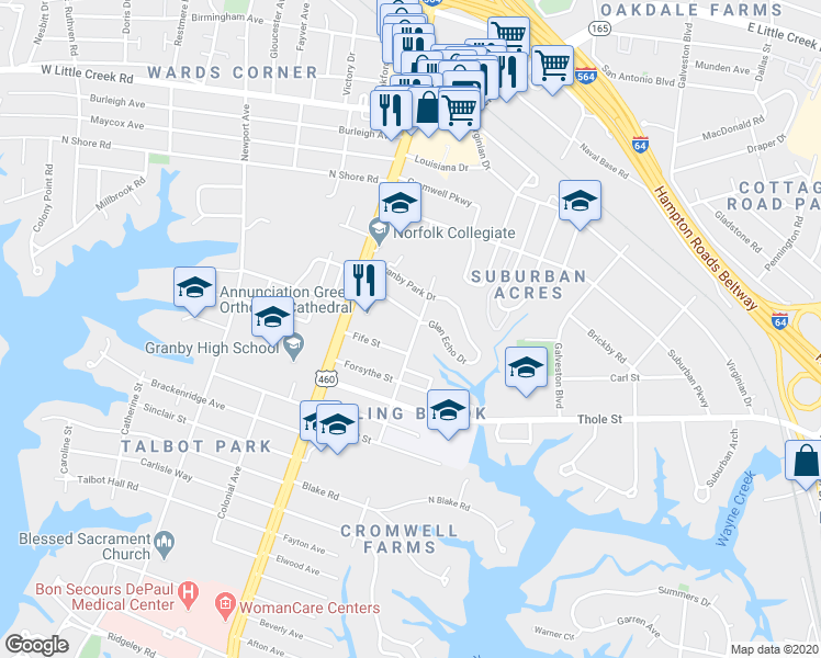 map of restaurants, bars, coffee shops, grocery stores, and more near 159 Fife Street in Norfolk