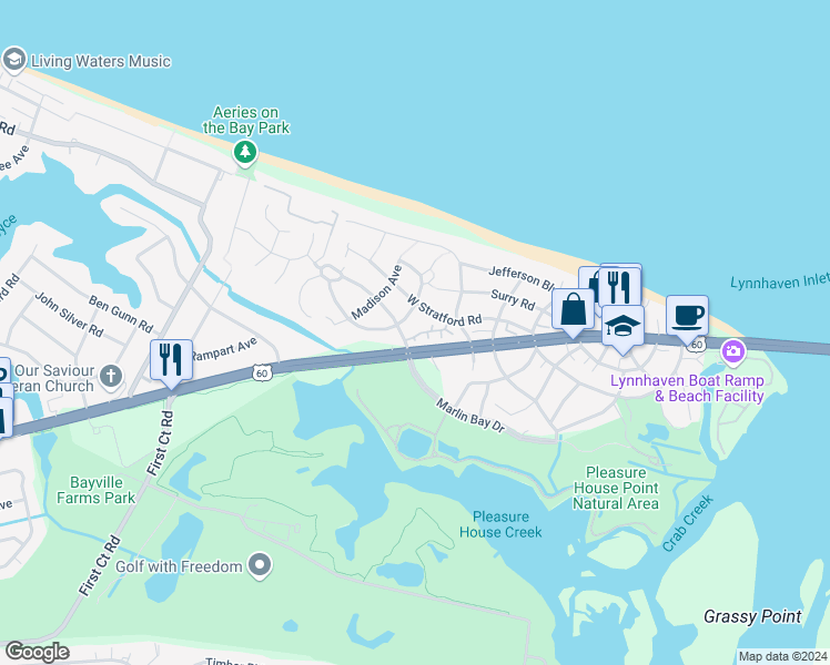 map of restaurants, bars, coffee shops, grocery stores, and more near 3840 3 Ships Landing in Virginia Beach