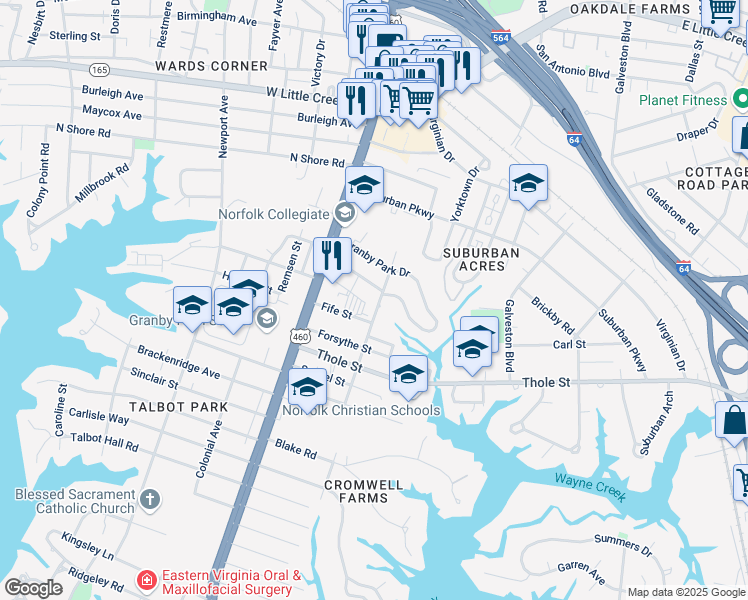 map of restaurants, bars, coffee shops, grocery stores, and more near 7221 Midfield Street in Norfolk