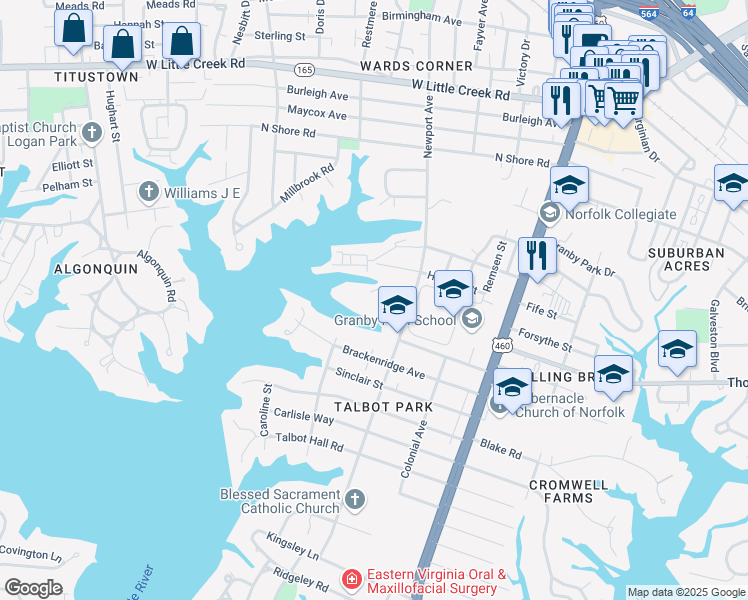map of restaurants, bars, coffee shops, grocery stores, and more near 7101 Newport Avenue in Norfolk