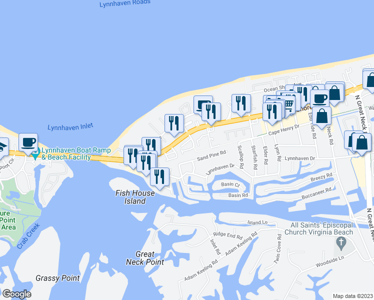 map of restaurants, bars, coffee shops, grocery stores, and more near 3144 Sand Pine Road in Virginia Beach