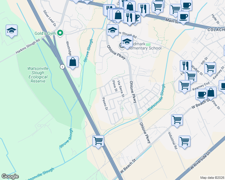 map of restaurants, bars, coffee shops, grocery stores, and more near 30 Quinta Vista Street in Watsonville