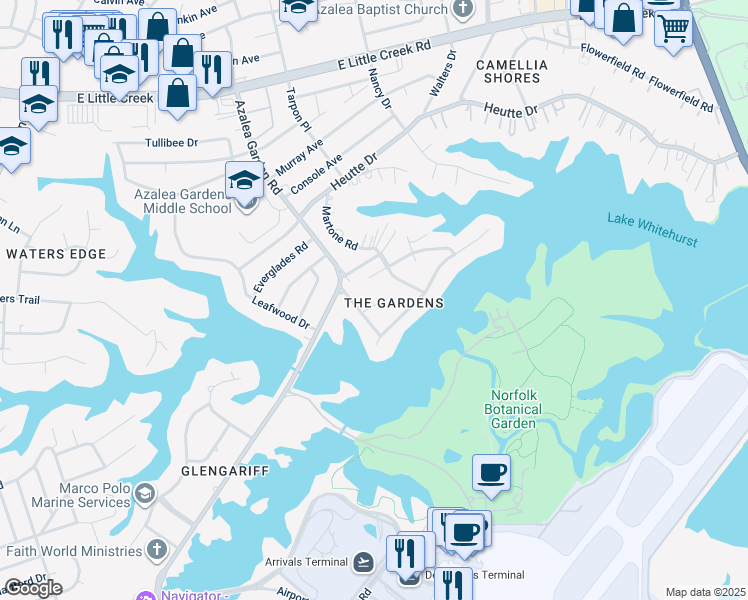 map of restaurants, bars, coffee shops, grocery stores, and more near 2512 Sharon Circle in Norfolk