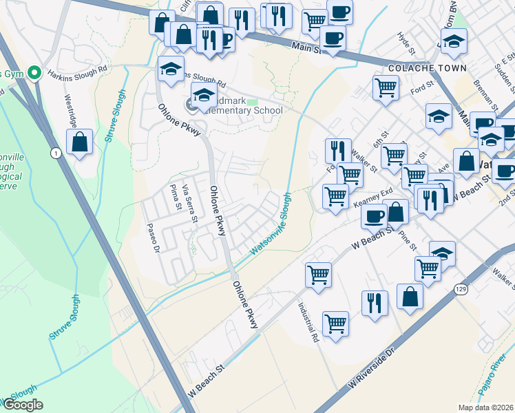 map of restaurants, bars, coffee shops, grocery stores, and more near 1775 Santa Victoria Avenue in Watsonville