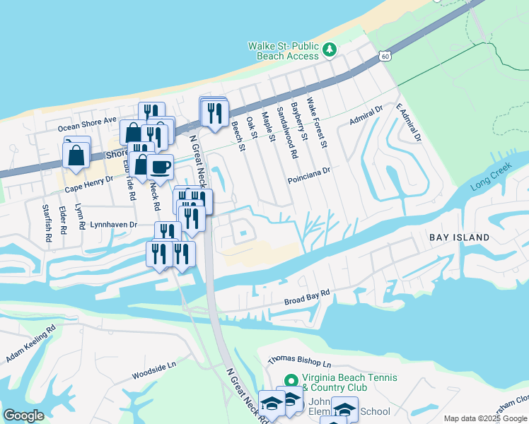 map of restaurants, bars, coffee shops, grocery stores, and more near 2717 Poinciana Drive in Virginia Beach