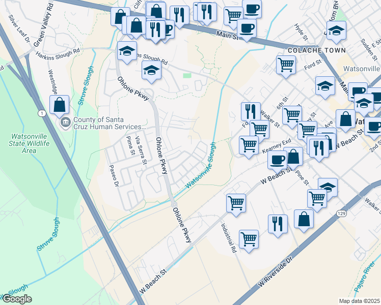 map of restaurants, bars, coffee shops, grocery stores, and more near 401 San Luis Avenue in Watsonville