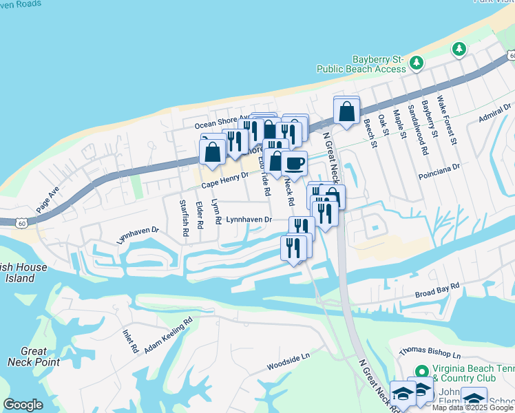 map of restaurants, bars, coffee shops, grocery stores, and more near 2929 Summerhaven Road in Virginia Beach