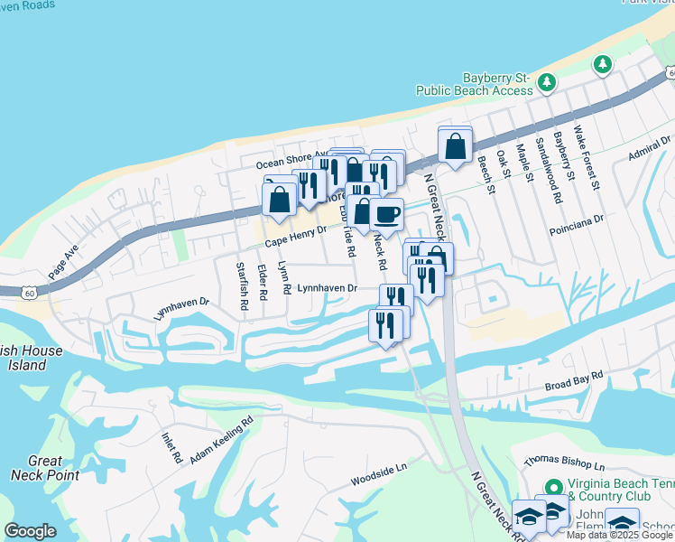 map of restaurants, bars, coffee shops, grocery stores, and more near 2929 Summerhaven Road in Virginia Beach