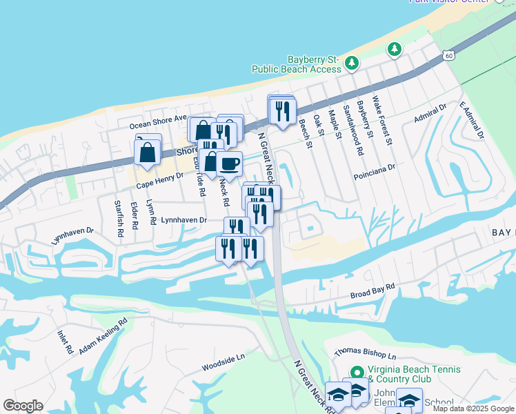 map of restaurants, bars, coffee shops, grocery stores, and more near 2392 Cape Arbor Drive in Virginia Beach