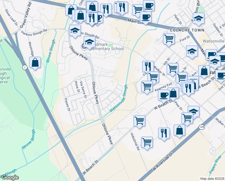 map of restaurants, bars, coffee shops, grocery stores, and more near 401 San Luis Avenue in Watsonville