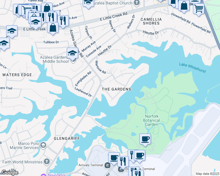 map of restaurants, bars, coffee shops, grocery stores, and more near 2512 Sharon Circle in Norfolk