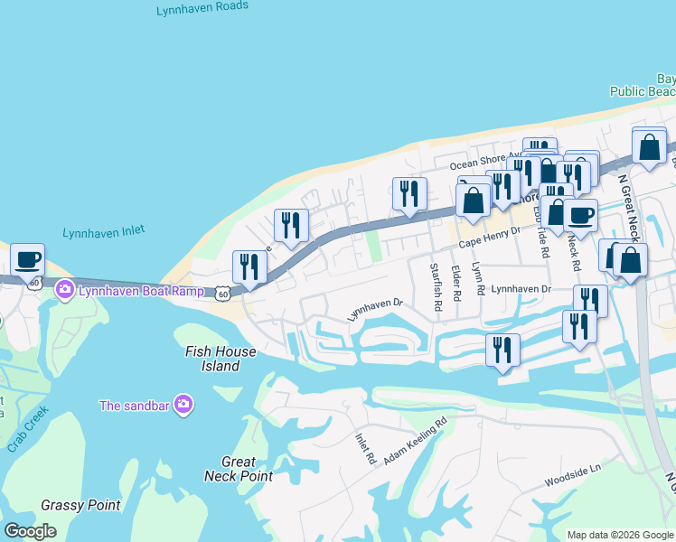 map of restaurants, bars, coffee shops, grocery stores, and more near 3133 Sand Pine Road in Virginia Beach