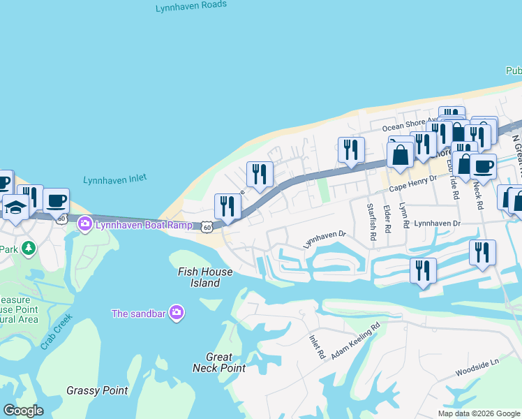 map of restaurants, bars, coffee shops, grocery stores, and more near 2229 Lesner Crescent in Virginia Beach
