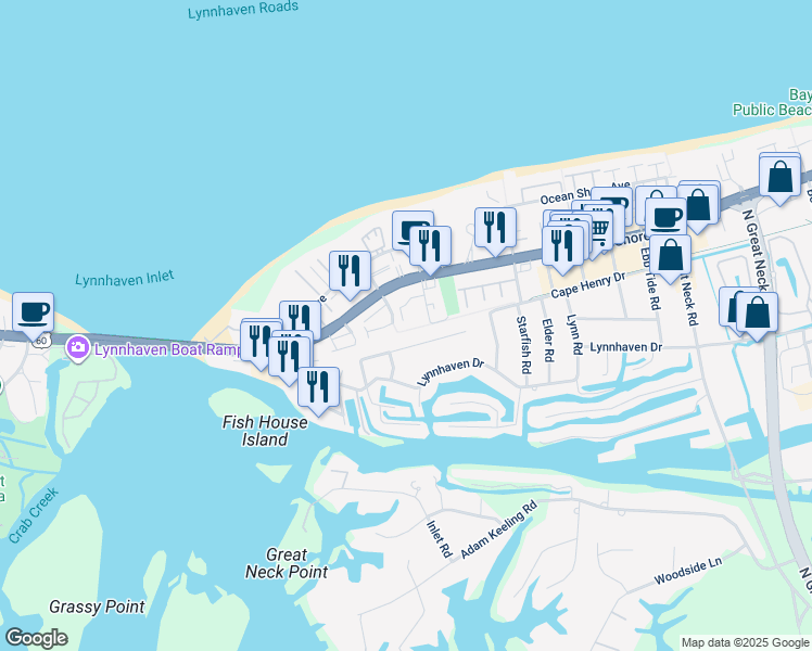 map of restaurants, bars, coffee shops, grocery stores, and more near 3189 Tidal Bay Lane in Virginia Beach