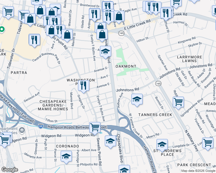 map of restaurants, bars, coffee shops, grocery stores, and more near 1097 Johnstons Road in Norfolk
