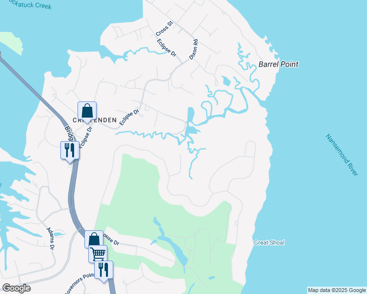 map of restaurants, bars, coffee shops, grocery stores, and more near 2029 Heron Court in Suffolk