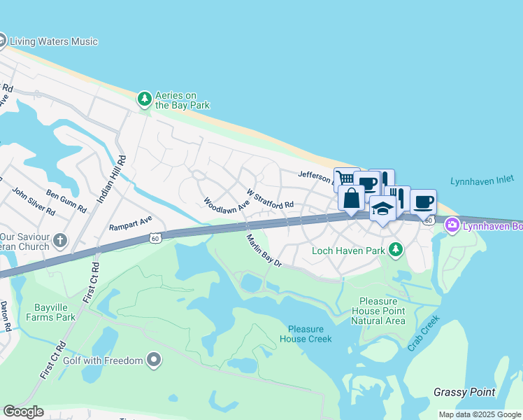 map of restaurants, bars, coffee shops, grocery stores, and more near 3920 West Stratford Road in Virginia Beach