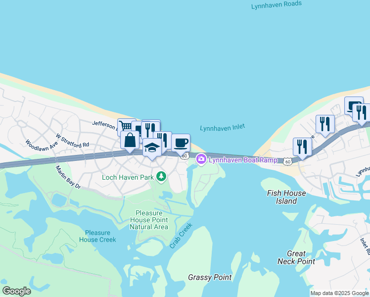 map of restaurants, bars, coffee shops, grocery stores, and more near 3556 Shore Drive in Virginia Beach