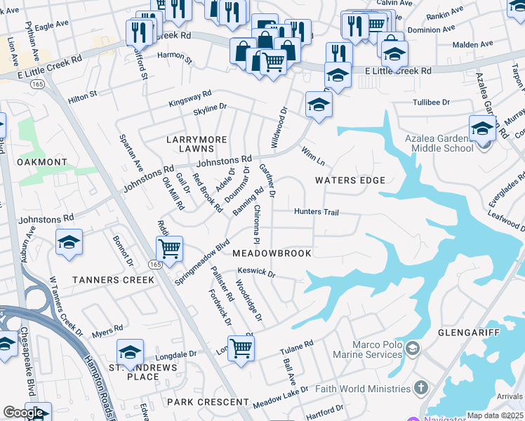 map of restaurants, bars, coffee shops, grocery stores, and more near 6942 Chironna Place in Norfolk