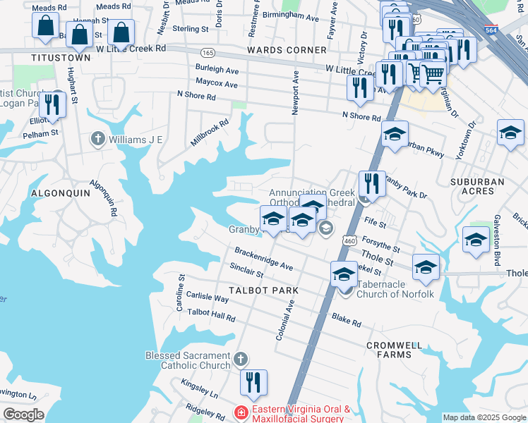 map of restaurants, bars, coffee shops, grocery stores, and more near 7101 Newport Avenue in Norfolk